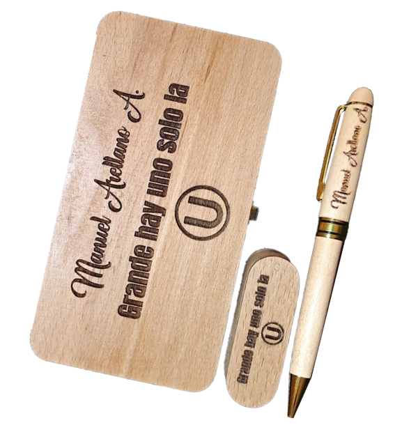 SET LEIF CAJA,USB DE 64GB Y LAPICERO DE MADERA